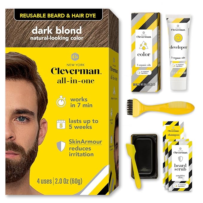 Cleverman Hair & Beard Dye Kit for Men, All-in-One Reusable Mens Hair Color, Natural Gray Coverage, Ammonia-Free Beard Mustache Dye for Men (Dark Blond)
