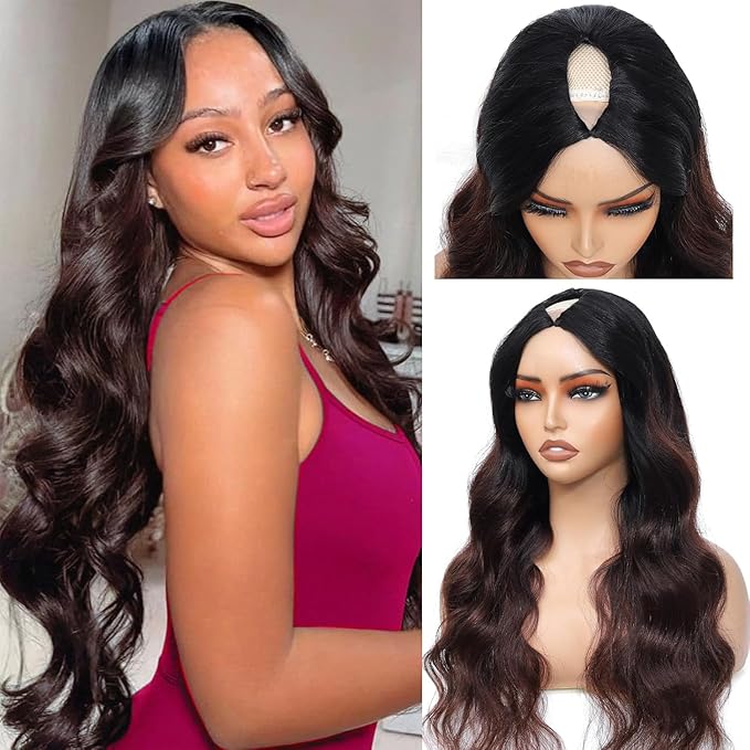 Ombre V Part Wig Human Hair Body Wave Brown Wig Upgrade U Part Human Hair Wig with Clips Glueless Wigs Human Hair Clip in Half Wigs No Leave Out Highlight Wig Human Hair 180% Density 24 inch