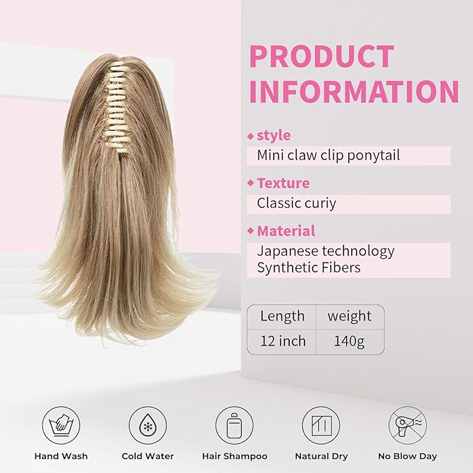 Ponytail Hair Extensions, 12 Inch Claw Clip Ponytail Hair Extensions for Women, Chin Clip Wigs, Soft Synthetic Wigs-Gloden Blonde and Becch slonde Tips