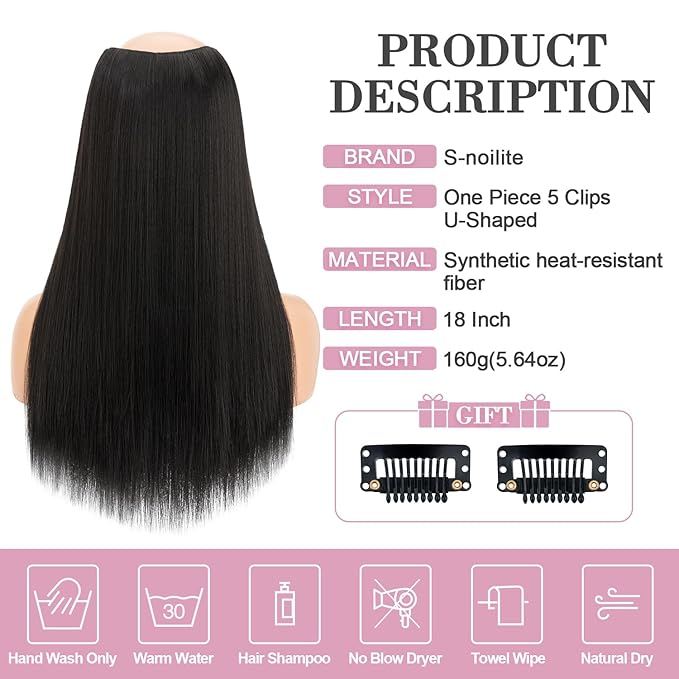 S-noilite One Piece Clip in Hair Extensions 18 Inch U-Shaped One Piece Hair Extensions with 5 Clips 3/4 Full Head Long Straight Clip in Hair Weft Synthetic Black Clip in Hairpieces for Women,#3
