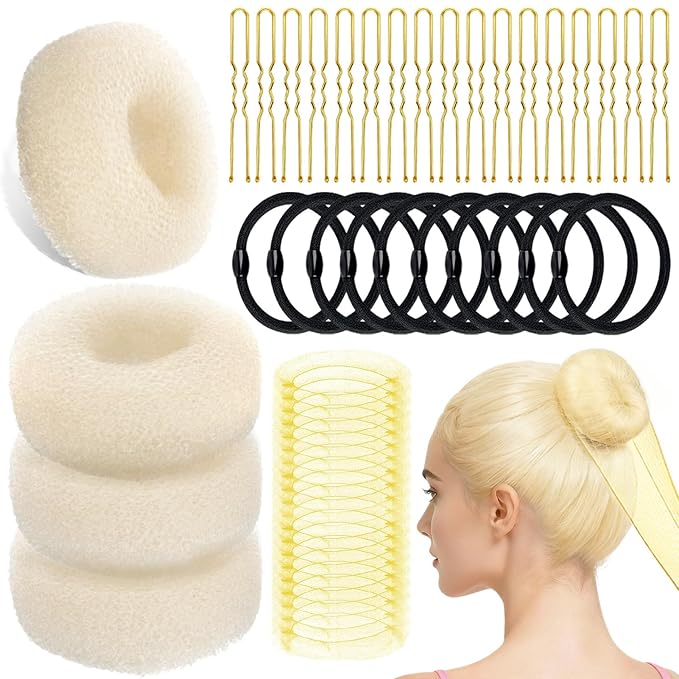 YINGFENG 134 Pcs Beige Hair Bun Maker Kit Medium - 4 Bun Hair Pieces for Women, 20 Hair Net for Buns, 100 Bobby Pins for Women, 10 Hair Bands, for Ballet Styling, Hair Accessories for Girls