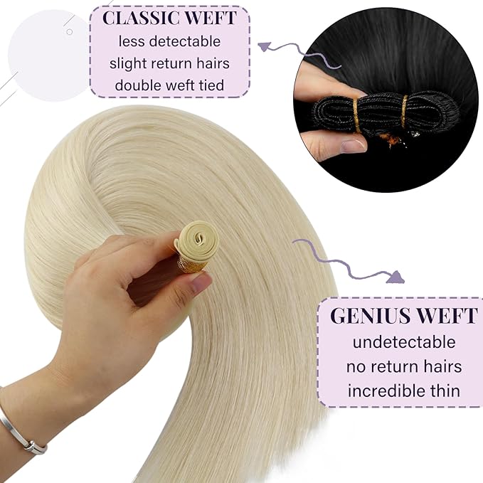 Fshine Genius Weft Hair Extensions Human Hair, White Blonde, 14 Inch,Hand Tied, Real Human for Women 50 Gram
