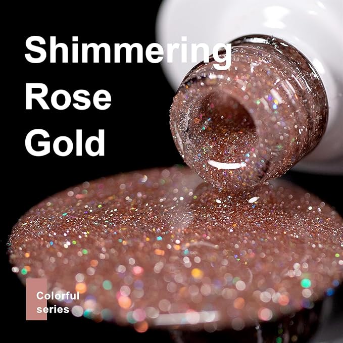 RARJSM Reflective Glitter Gel Polish Rose Gold Disco Shimmer Sparkling Glitter Iridescent Sparkly Shiny Gel Polish Holographic Gelpolish Soak off U V/L E D Nail Art Varnish for Salon DIY at Home