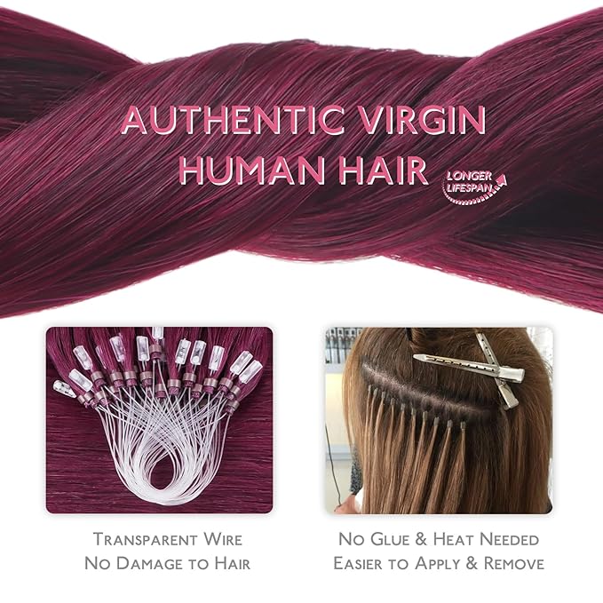 WENNALIFE Microlink Hair Extensions Human Hair, 50g 50s 16 Inch Light Burgundy Remy Micro Bead Hair Extensions Real Human Hair Micro Link Micro Loop Micro Ring Hair Extensions Straight Microlinks