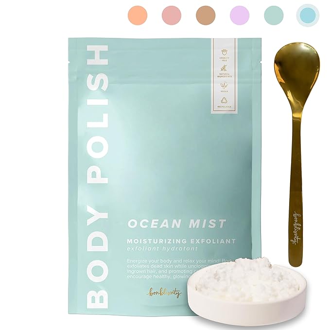 Bonblissity Body Polish, 8oz. - Ocean Mist Scented Body Scrub Exfoliator for Women, Exfoliating Sugar Scrub To Lotion Moisturizer, Gentle Exfoliant for Dry and Sensitive Skin, Handmade in USA