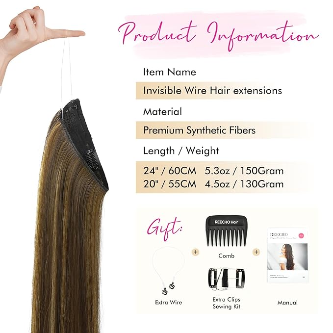 REECHO Invisible Wire Hair Extensions with Transparent Headband Adjustable Size Removable Secure Clips in Straight Secret Hairpiece for Women (20 Inch (Pack of 1), Dark Brown with Highlights)