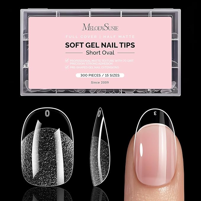 MelodySusie Short Oval Round Almond X Nail Tips - 300Pcs 15Sizes Clear Acrylic,Half Matte Full Cover Press on Nails for DIY Extension & Salon Use, Pre-Shaped for Long-Lasting Manicure