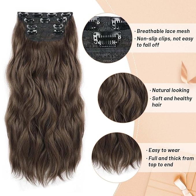 Long Wavy Clip in Synthetic Hair Extension Chestnut Brown 4pc Thick Hairpieces Double Weft Natural Hair Extensions 20inch for women(20INCH, 8/10)