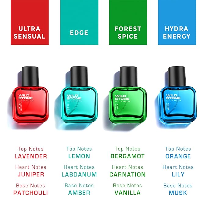 Wild Stone Men’s 4-Pack Eau de Parfum Gift Set (4 × 1 oz / 30 ml) — Edge, Ultra Sensual, Hydra Energy & Chief — Long-Lasting Masculine Fragrances