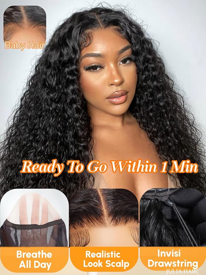 Julia Hair Water Wave 7x5 Bye Bye Knots Glueless Wig with Baby Hair HD Lace Pre Everything with Drawstring Wigs Human Hair Pre Plucked Pre Cut Bleached Knots Put on and Go Natural Hairline 26 Inch