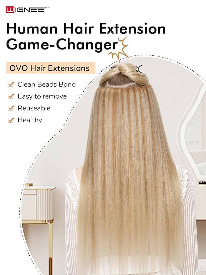 WIGNEE 100% Remy Double Wefts Invisible PU OVO Human Hair Extensions 18 Inch Micro Beads Real Human Hair Extensions Highlight Blonde Weft Hair Extensions Human Hair Glueless for white women(18/613)