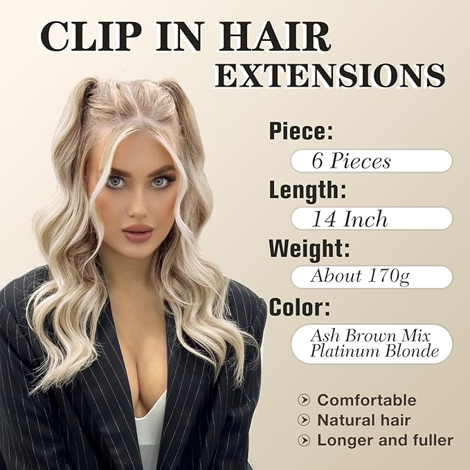 NAYOO Clip in Hair Extensions for Women 14 Inch Short Wavy Curly Ash Brown Mix Platinum Blonde Hairpieces Full Head Synthetic Hair Hairpieces (6PCS, Ash Brown Mix Platinum Blonde)
