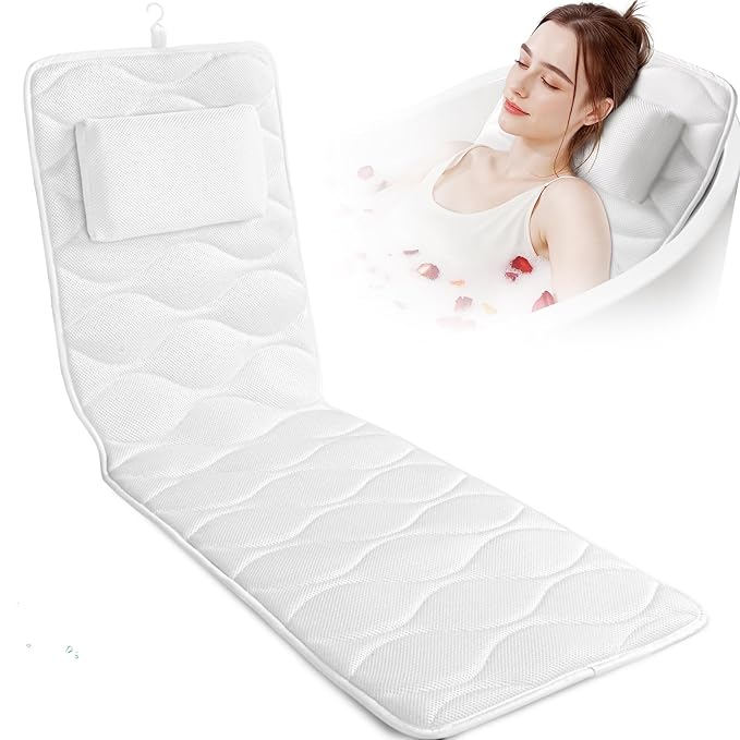Bath Pillow for Tub with Laundry Bag & 17 Non-Slip Suction Cups, Extra Thick and Soft Bathtub Pillow for Head, Neck & Shoulder Support, 51" x 16" White