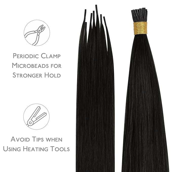 WENNALIFE I Tip Hair Extensions Human Hair, 50g 100s 16 Inch Natural Black Remy Itip Human Hair Extensions Invisible Itips Straight I Tips Fusion Extensions Real Human Hair