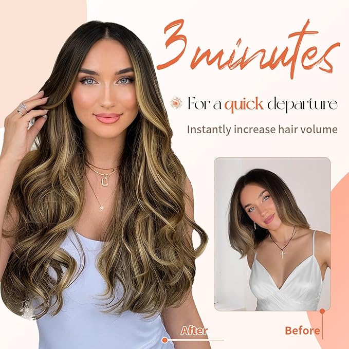 Kookastyle Clip in Hair Extensions 4 pcs Natural Long Synthetic Curly Hairpieces Layered Soft Invisible for Women Balayage Medium Brown to Golden Blonde 20 Inch
