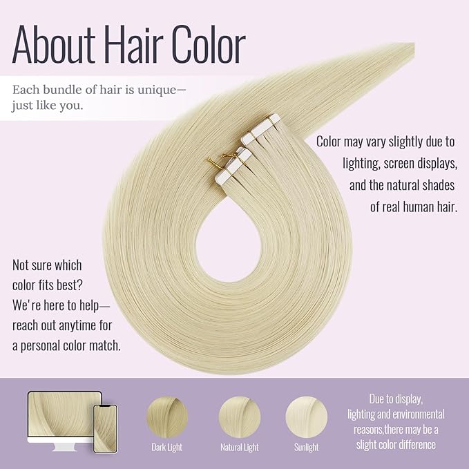 Fshine Tape in Extensions Real Human Hair White Blonde Hair Extensions Tape in Remy Human for Women 16 Inch 20 pcs 50 g, Designed to Boost Volume & Length