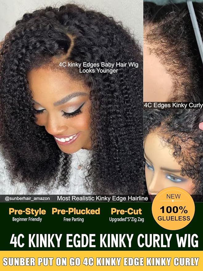 Sunber Bye Bye Knots 4C Kinky Curly Pre Cut Lace 7x5 Lace Front Glueless Curly Put On Go 3S Wear Afro Curly Human Hair Wig Pre Bleached Invisible Knots 150% Density Pre Plucked with Baby Hair 18Inch