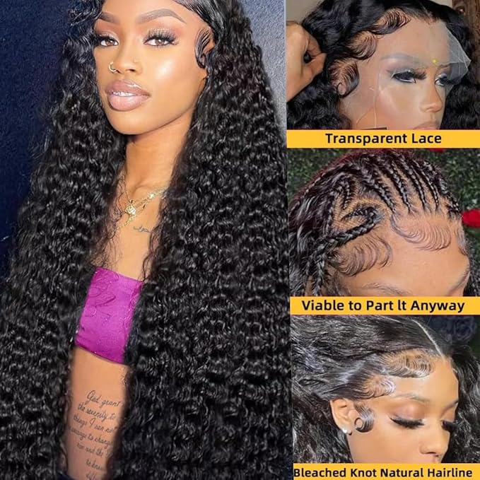 13x6 Deep Wave Lace Front Wigs Human Hair 220 Density HD Transparent Pre Plucked Deep Curly Frontal Wigs Human Hair for Women Natural Black 34 Inch