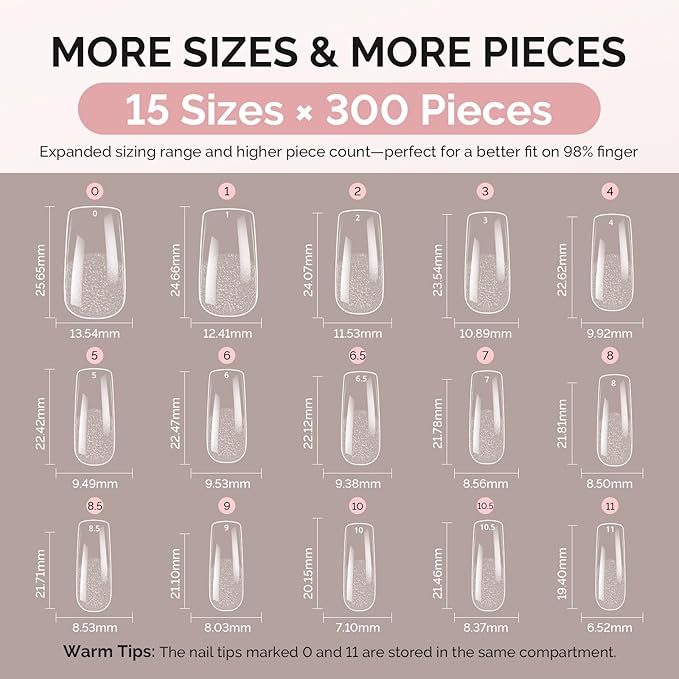 MelodySusie Medium Square X Nail Tips - 300Pcs 15Sizes Clear Acrylic, Half Matte Full Cover Press on Nails for DIY Extension & Salon Use, Pre-Shaped for Long-Lasting Manicure