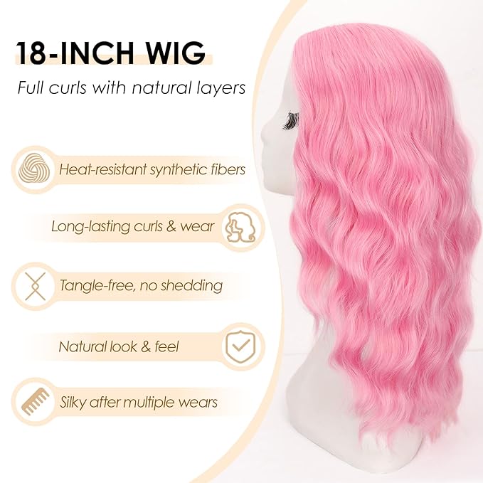 AISI HAIR Pink Wig for Women Medium Length Wave Curly Glueless Synthetic Heat Resistant Hair Wigs for Daily Party Cosplay