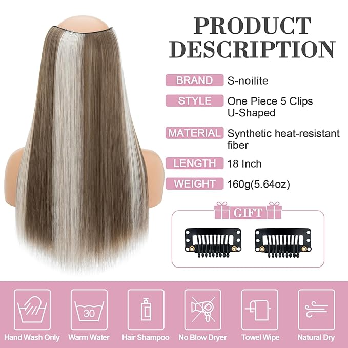 S-noilite One Piece Clip in Hair Extensions Balayage 18 Inch U-Shaped One Piece Weft Hair Extensions with 5 Clips Synthetic 3/4 Full Head Long Straight Clip in Hairpieces for Women,#18TP60A