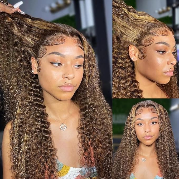 13x4 Highlight Ombre HD Lace Front Wig Human Hair For Women 180 Density 4/27 Colored Deep Wave Lace Frontal Wigs Curly Honey Blonde Wig Human Hair Pre Plucked With Baby Hair 24inch