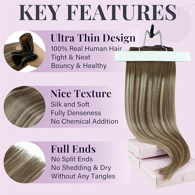 Fshine Genius Weft Hair Extensions Sew in Human Hair Color Chestnut Brown Fading to Platinum Blonde Genius Weft Hair Extensions for Women 24 Inch 60g
