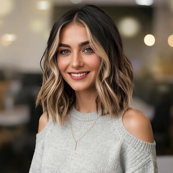 Dark Brown Mixed Blonde Short Wavy Wig for Women Lace Hairline Bob Style Synthetic Heat Resistant - Natural Appearance for Everyday Hairstyle 14 Inch