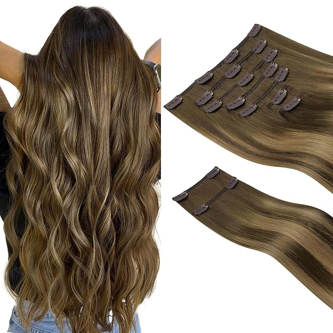 HOTBANANA Clip in Hair Extensions Real Human Hair, 150g 9pcs 24 inch Balayage Chocolate Brown to Caramel Blonde Straight Remy Clip in Extensions Full Head for Women