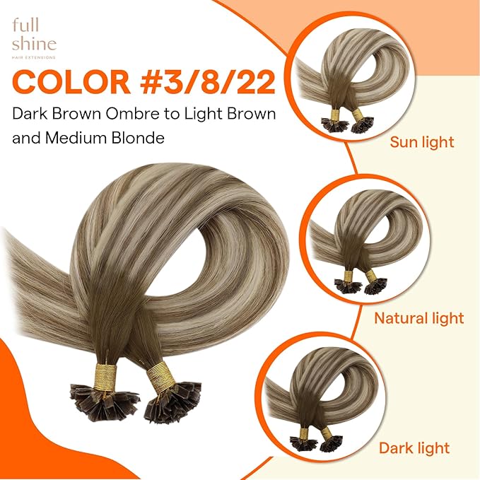 Full Shine K Tip Hair Extensions Real Human Hair Dark Brown Ombre Ash Brown and Blonde 16 Inch 50 Grams Ktip Human Hair Extensions Prebonded Extensions Remy Hair add Volume