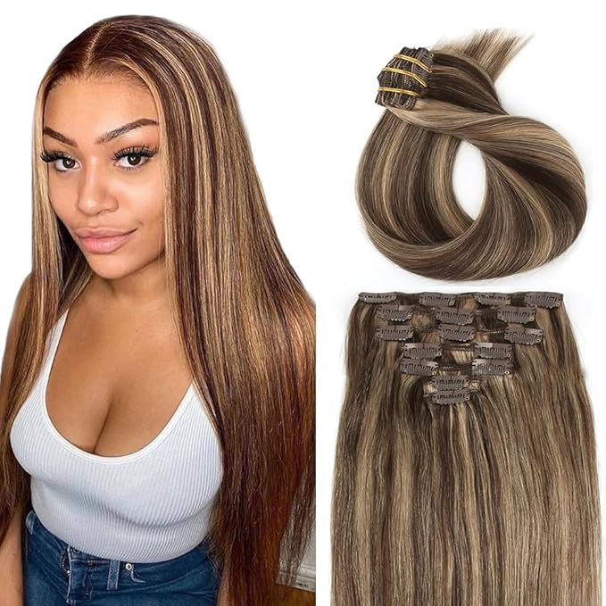 18 Inch P4/27 Blonde Clip in Hair Extensions - Real Remy Human Hair, 120g 7pcs, Highlight Blonde Human Hair Extensions Clip ins for Women