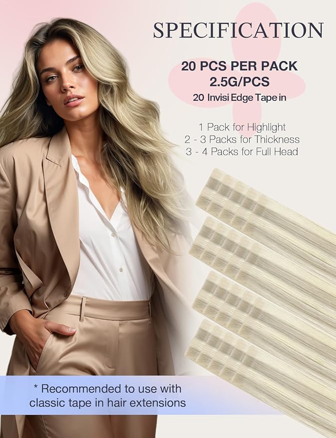 DOORES Invisi Edge Human Hair Extensions Tape in, Ash Blonde Highlighted Platinum Blonde 10 Injection Tape-ins with 10 Injection Tape-ins 50g 24 Inch, Injected Tape in Virgin Human Hair