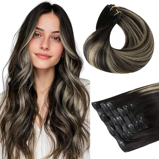 HOTBANANA Seamless Clip in Hair Extensions 18 inch 130g 7pcs Ombre Natural Black to Light Blonde Clip in Remy Human Hair Extensions Straight Hair Invisible PU Skin Weft