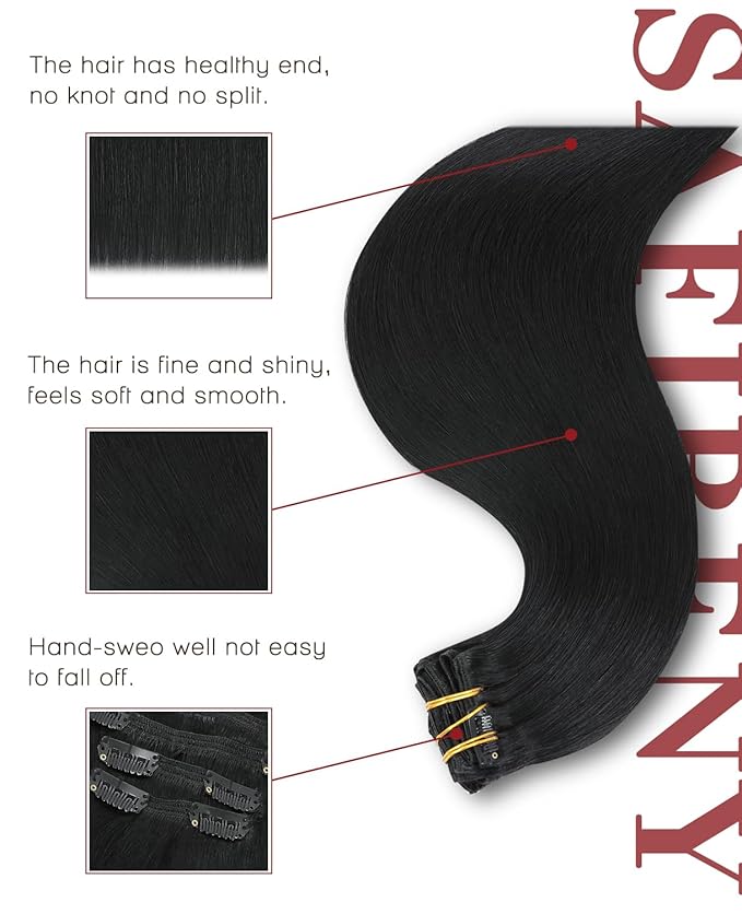 Clip In Hair Extensions Real Human Hair, Jet Black Straight Clip In Extensions 18inch 160g 7pcs Real Hair Extensions for Women Natural Hair(#1-18inch)