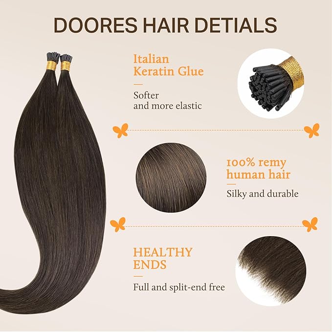 DOORES I Tip Hair Extensions Human Hair,14 Inch 100g 200s Itip Human Hair Extensions,Light Dark Brown I Tip Hair Extensions,Virgin Human Hair Extensions