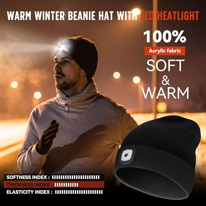 Unisex Beanie Hat with Light, Rechargeable Headlight Cap, Stocking Stuffers for Men, Cool Gadget Gifts for Him, Birthday Gifts for Women, Black