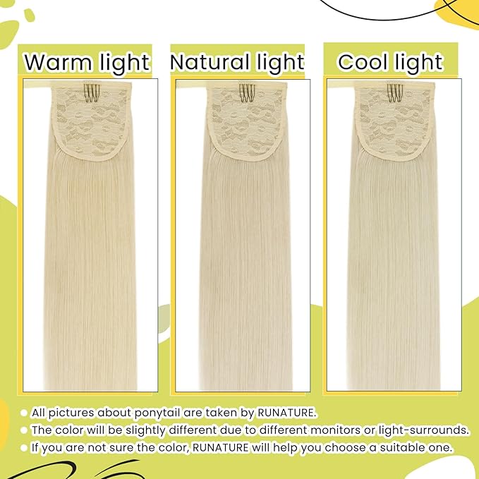 RUNATURE Ponytail Extension Human Hair, Real Hair Ponytail Extension with Magic Paste, Straight Blonde Hair, Tangle Free for Daily Wearing, 14 Inch 70g #800 Platinum Blonde