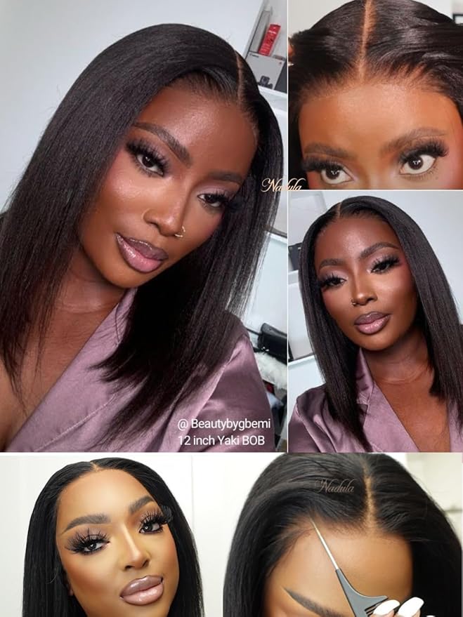 Nadula Bye Bye Knots Yaki Straight Bob Glueless Wig Pre Cut/Plucked/Bleached 7x5 Lace Front Wigs Human Hair Invisible Knots Pre Everything 3S Ready to Go Short Yaki Bob Wigs 150% Density 14inch