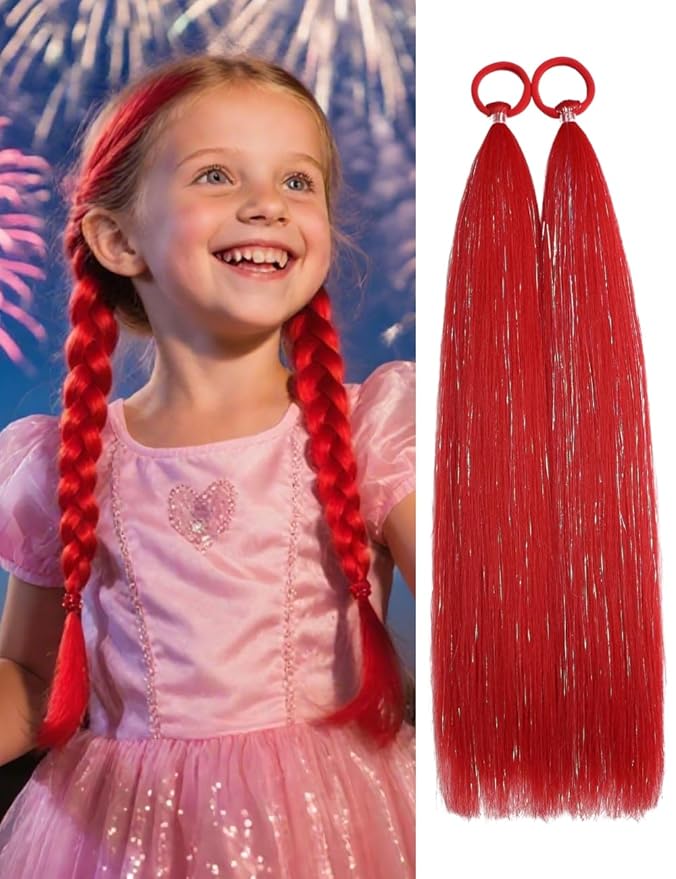 Colored Hair Extensions Red Ponytail Extension 2 Packs, 20 inch Crazy Hair Day Accessories for Women, DIY Festival Wacky Rave Braids,Tinsel Mixed