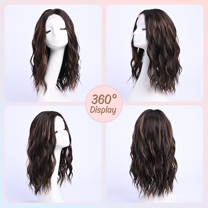 Dark Brown Wig with Highlight Medium Length Wigs for Women Middle Part Synthetic Hair Wigs Mixed Wavy Highlights Natural Hair for Daily Party Halloween Colourful Wig Highlighted（16 inch）