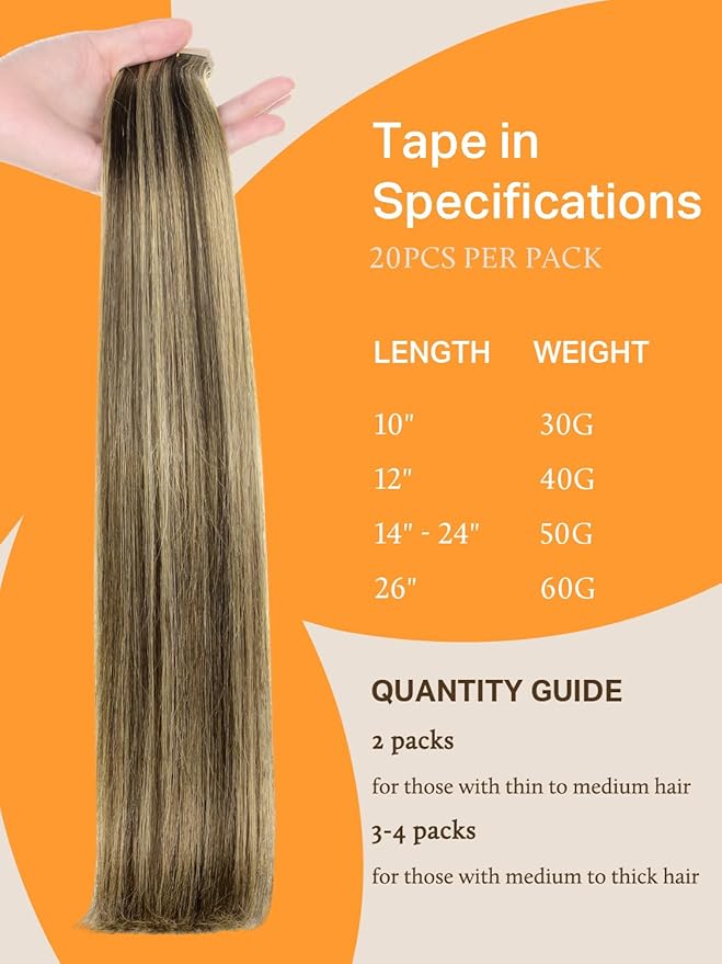 DOORES Tape in Hair Extensions Real Human Hair, Chocolate Brown Highlight Caramel Blonde 20pcs 50g 20 Inch, Tape in Human Hair Extensions Long Straight Hair Remy Natural Hair
