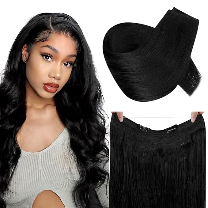 RUANTURE Jet Black Wire Hair Extensions Real Human Hair, Invisible Wire Hair Extensions Soft Straight Hair, Natural Looking, Easy to Install in Daily Wearing, 14 Inch 70g #1 Jet Black