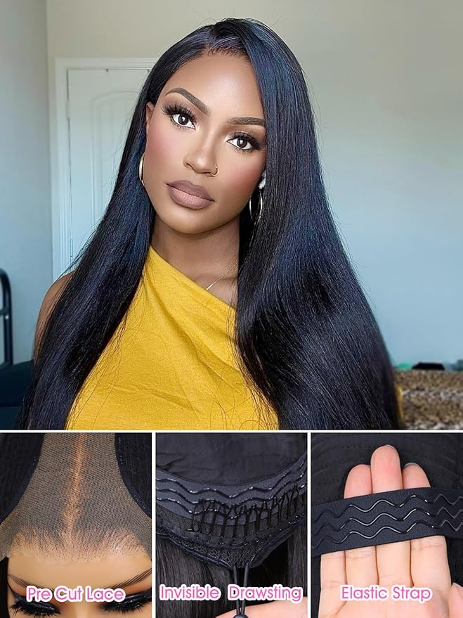ORIGINAL QUEEN Straight Wear Go Glueless Wigs Human Hair Upgrade 9x6 T-Part Pre Cut Lace Straight Wig Pre-Plucked Flip Over Beginner Friendly Wear Go Drawstring Wig 180% Density 24 Inch