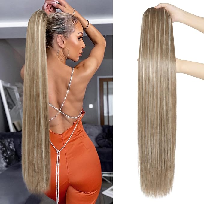 SEIKEA 32" Ponytail Extensions Drawstring Long Straight Fake Pony Tail Natural Soft Clip in Hair Extension Synthetic Heat Resistant Hairpiece Ash Brown with Blonde Hightlights
