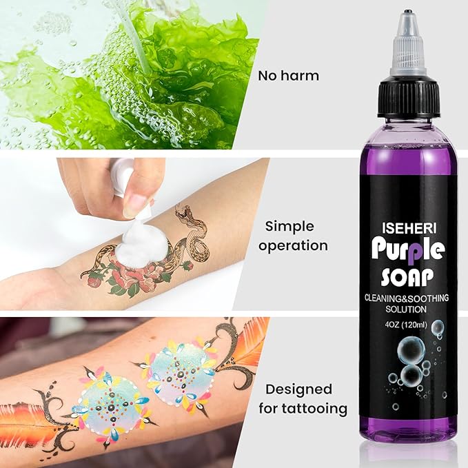 Ultra Concentrated Purple Soap Tattoo 4OZ with Foaming Bottle 120ml, Tattoo Supplies for Tattoos Piercings, Clean Skin Equipment