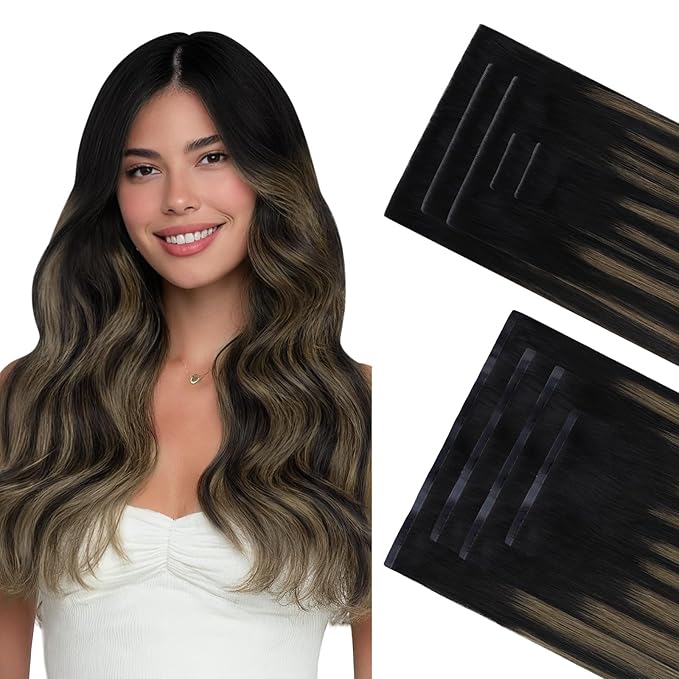 GOO GOO Invisi Edge Clip in Hair Extensions Set, 14inch 130g, 5pcs Injected Seamless PU Clip ins and 4pcs Classical PU Clip ins Virgin Real Human Hair, #(T1B/6) P1B