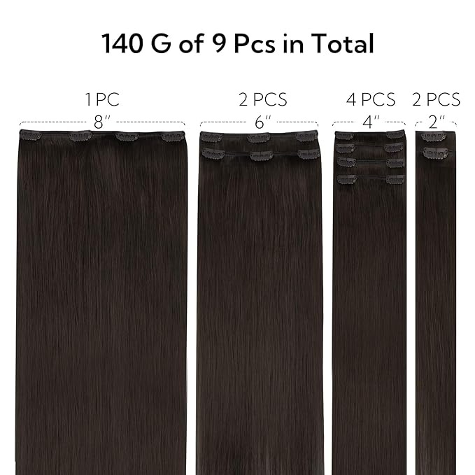 HOTBANANA Clip in Hair Extensions Real Human Hair, 150g 9pcs 24 inch Dark Brown Straight Remy Clip in Extensions Full Head for Women