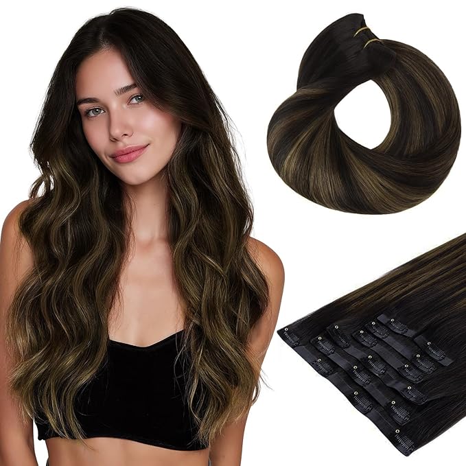 HOTBANANA Clip in Hair Extensions 24 inch 160g 7pcs Ombre Natural Black Mixed Chestnut Brown Clip in Remy Human Hair Extensions Straight Hair Invisi Edge Clip Hair Full Head