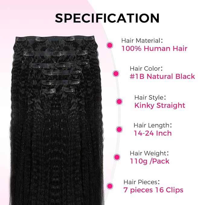 Lashey Invisi Edge Clip in Hair Extensions, 7pcs 110g 18 Inch Natural Black Seamless Clip in Hair Extensions Human Hair Kinky Straight Real Remy Human Hair