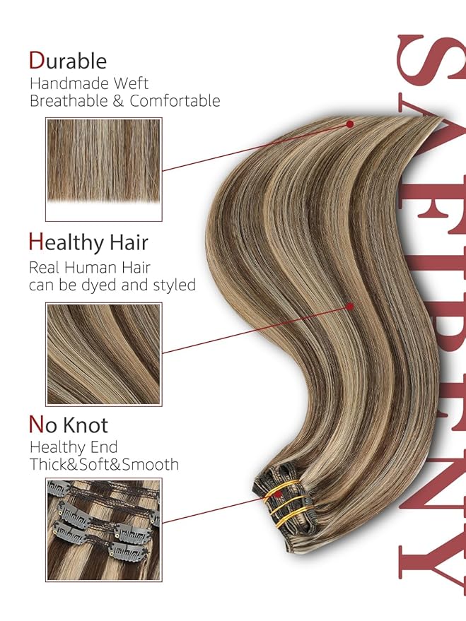 Clip in Hair Extensions Real Human Hair, 22 Inch 120g,Chocolate Brown To Dark Blonde Piano Color, Natural Straight Clip On Hair Extensions 6pcs Per Set with 18 Clips Double drawn(#4P27,22'')